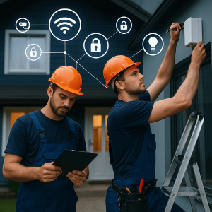 Two technicians installing smart home systems at a modern house – Dona Electronic Technologies