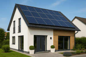 Exterior view of a modern house with solar panels on the roof