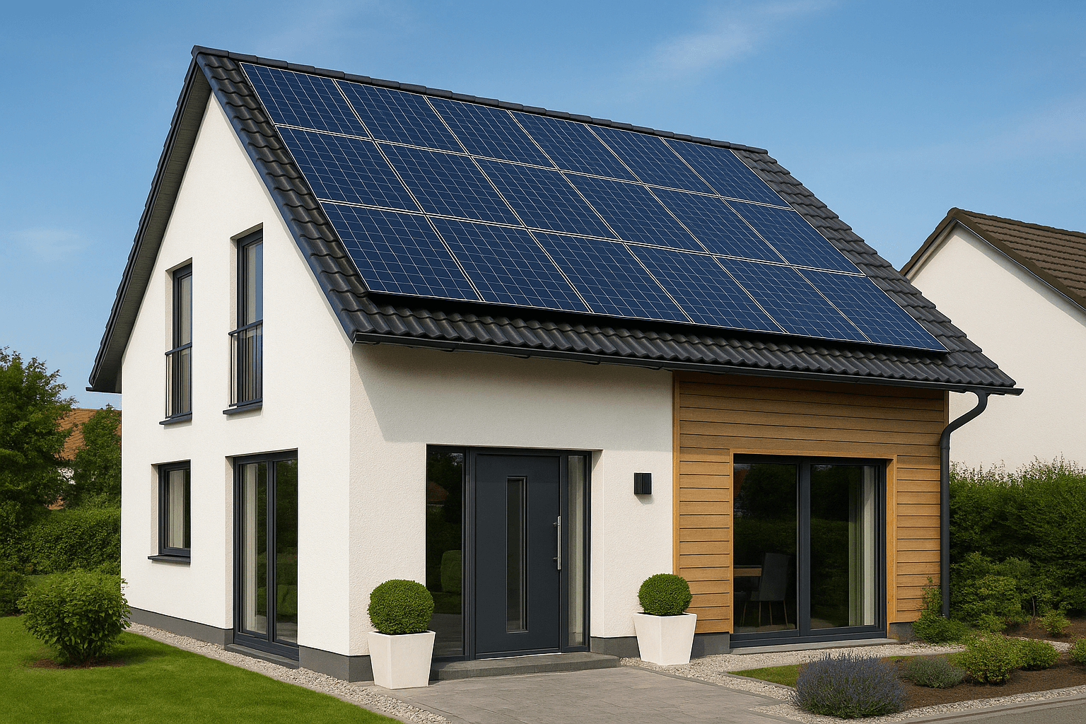 Exterior view of a modern house with solar panels on the roof