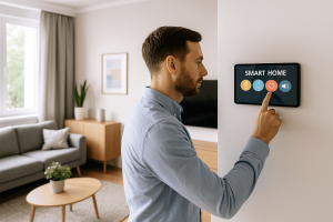 Man using smart home touchscreen control panel – Dona Electronic Technologies