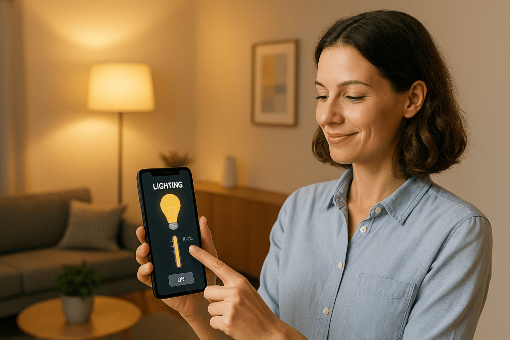 Woman using smart home lighting control app – Dona Electronic Technologies